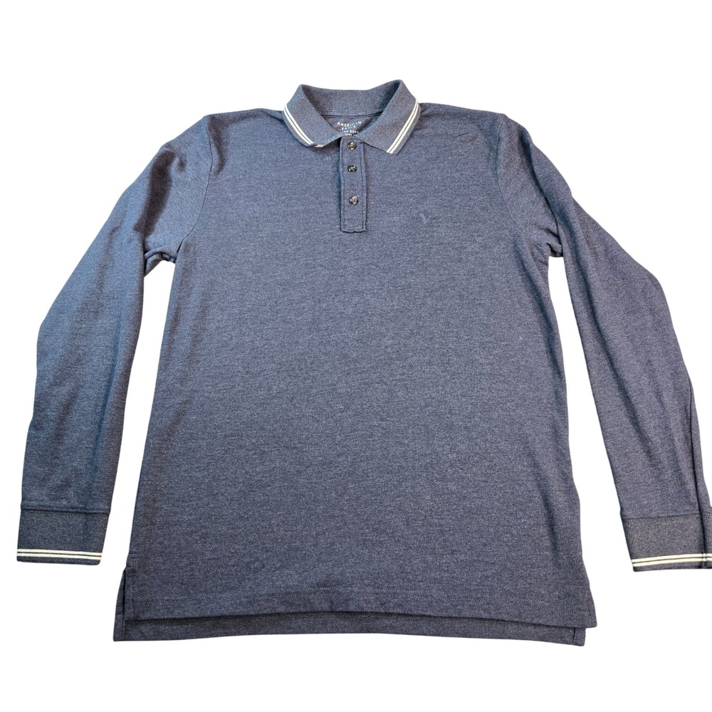 American Eagle Super Soft Long Sleeve Polo Shirt Blue Heathered Mens Size Medium